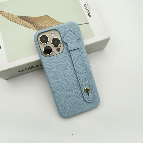 Etui til iPhone 17 Sky Blue Læder Håndledsrem Stativ Hårdt