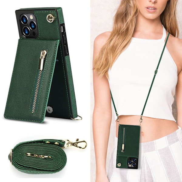 Fodral för iPhone 13 Pro6.1 Apple Grön Crossbody Dragkedja Läder Kortplats