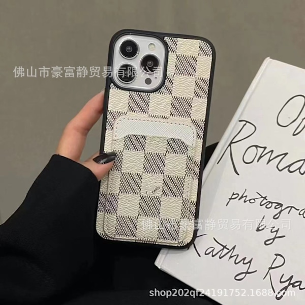 Fodral för iPhone 14promax vit rutnät läder korthållare exklusivt trendigt märke gammal blomma nät re