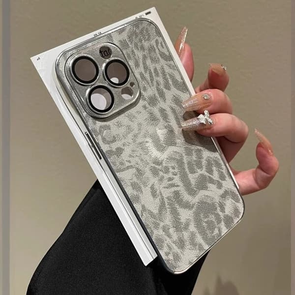 Etui til iPhone 15 Pro Max, hvit leopardprint, lær, elektroplettering, full