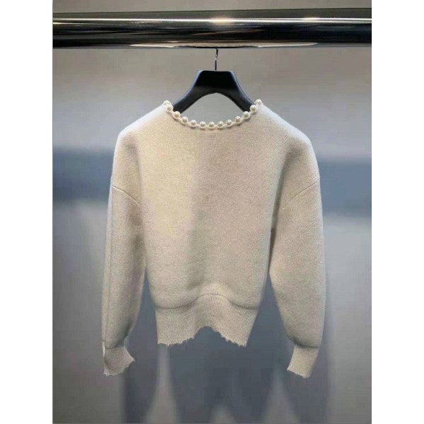 Kvinder strik efterår vinter sweater niche rund hals perle trim uld kort langærmet cardigan Khaki M