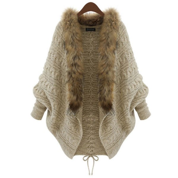 Damestrik efterår vinter sweater Batwing skjorte løs plus størrelse snøre cardigan pelskrave