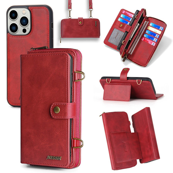 Fodral för iPhone 13 rött läder crossbody multifunktionell plånbok