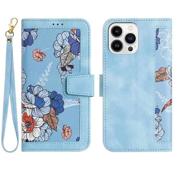 Fodral för iPhone 14 ljusblå kort snodd tryckt läder flip kortplats crossbody blomma skydd