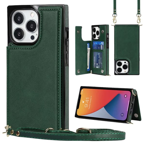 Etui til iPhone 14 Pro grøn lynlås kortholder møntpung solid lige kant