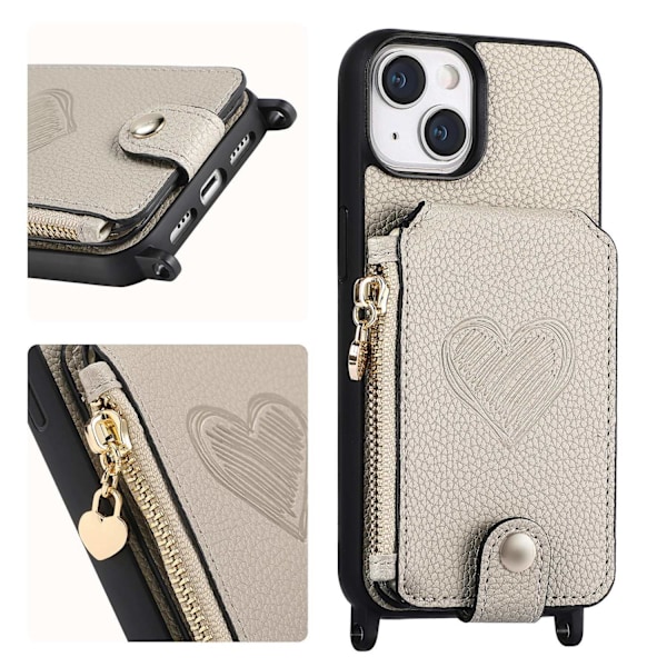Etui til iPhone 15 gråt og hvidt med lang snor, lychee-mønster, kortholder, crossbody fash