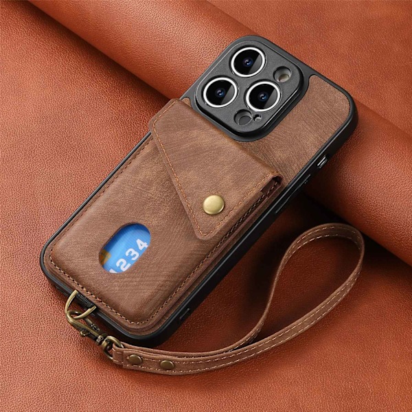 Etui til iPhone 14 Plus, brunt skinn, solid overflate, snor, magnetisk bilspenne, kortholder