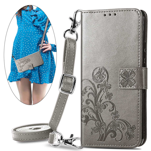 Fodral för iPhone 13 Pro Max grått präglat läder fyrklöver dragkedja crossbody midja lång lanyard