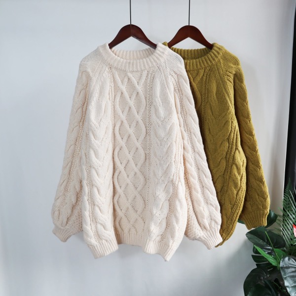 Kvinder strik efterår vinter sweater fortykket kraftig kabel-strik trøje løs retro stil top Beige 68*120cm