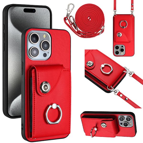 Etui til iPhone 14 Pro Max rød lang lanyard harmonika kortholder ring spænde