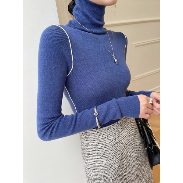 Naisten Neuleet Syksy Talvi Neule Naaras kaulus Jäljitelmä Villainen villapaita Turtleneck Slim Fit Inner Black L