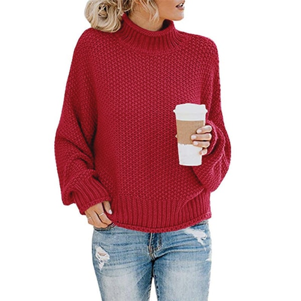 Kvinder Strik Efterår Vinter Sweater Dametøj Tykt Tråd rullekrave Pullover Deep burgundy 3XL