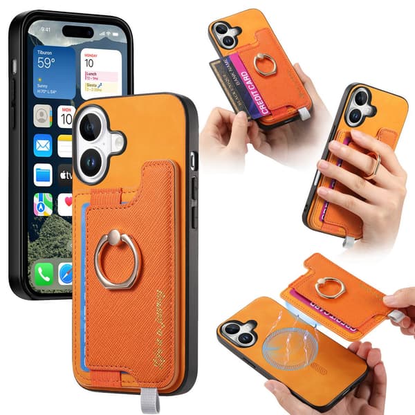 Etui til iPhone 14 Plus, orange magnetisk kortholder, almindeligt læder