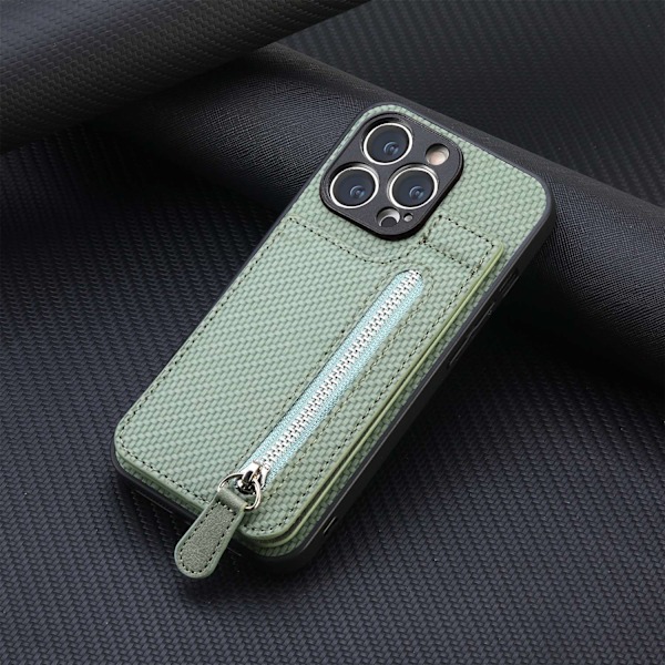 Etui til iPhone 14 Plus, grønn, med åpning oppe og nede, kortholder, lommebokstil, stativ, glidelåspose innvendig