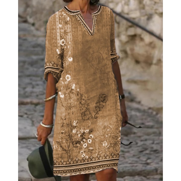 Etnisk print afslappet kjole med V-hals Khaki 4XL