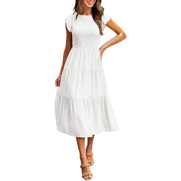 Flying Sleeves Plissering Layered Short Sleeves Large Swing Dress for Women White M