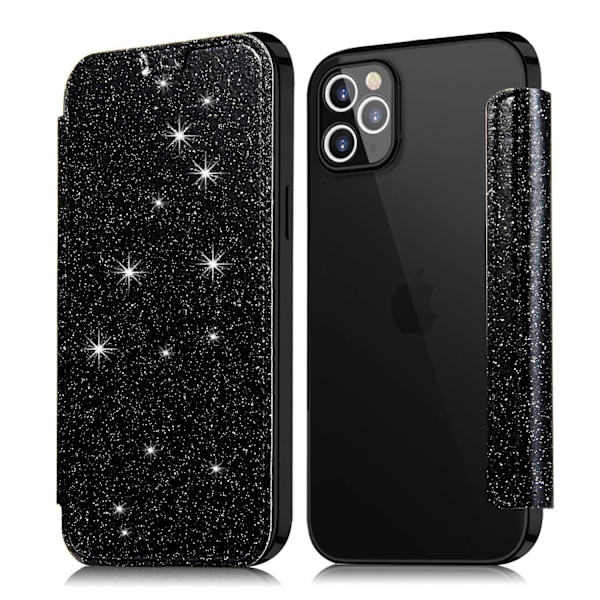 Etui til iPhone15 6.1 sort elektropletteret glitter læder transparent kortslot anti-fald
