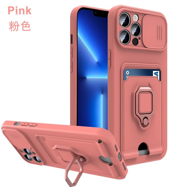 Etui til iPhone 15 Pro Max rosa multifunksjon skyvevindu ring kortholder