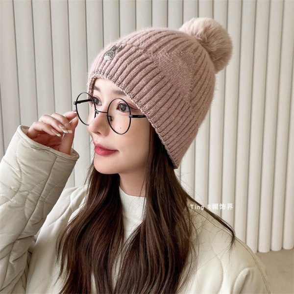 Varm vinterstrikk lue luer Ull Dame Høst og vinter Ørebeskyttelse skjerf Varmt og søtt unisex Pink cat ear straight woolen cap Hat scarf M