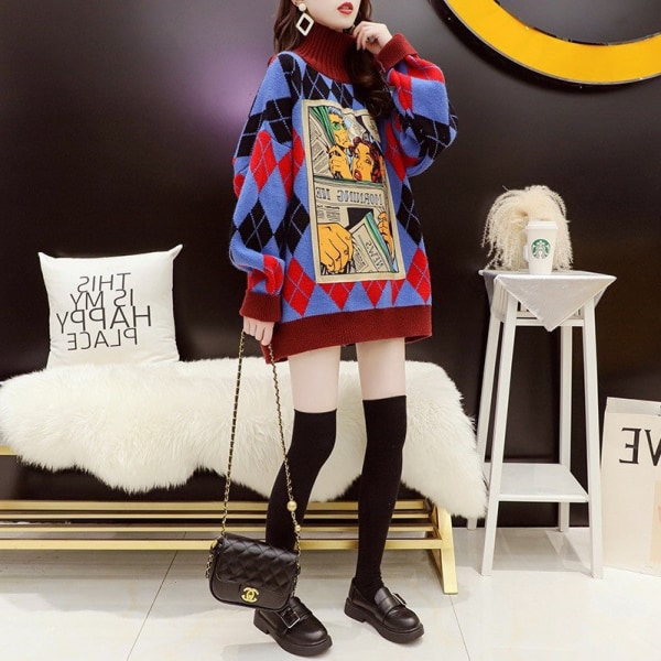 Women Knitwear Autumn Winter Sweater High Collar Loose Retro Hong Kong Style Base Wine Red 65*126*48cm