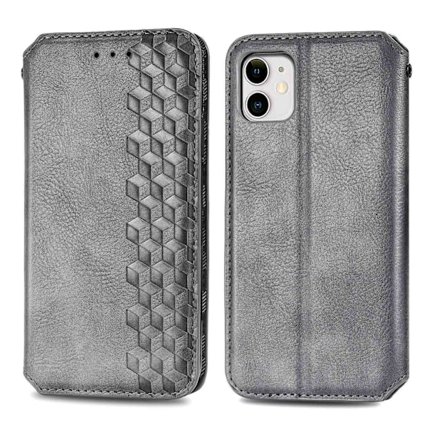 Fodral för iPhone 14 grått läder flip magnetiskt kortfack