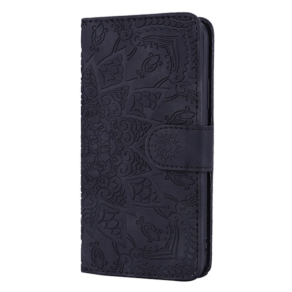 Fodral för iPhone 14 Pro svart präglad solros läderfodral dubbelvikt kant retro palatsblomma e