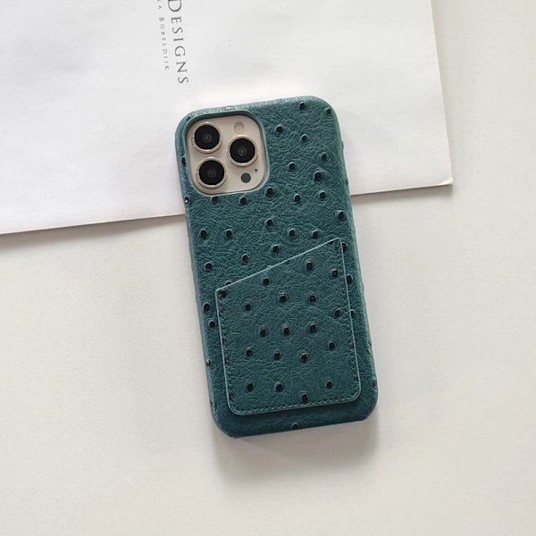 Fodral för iPhone 13 påfågelgrön strutsmönster myntkortshållare värmeavledning