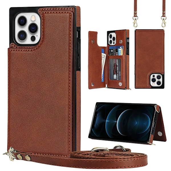 iPhone 15 Pro ruskea crossbody-kotelo, jossa on kaksoissolki, korttilompakko ja nahkainen pidike