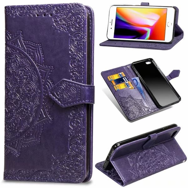 Fodral för iPhone 13 Pro Max lila mandala präglat läder kortplats