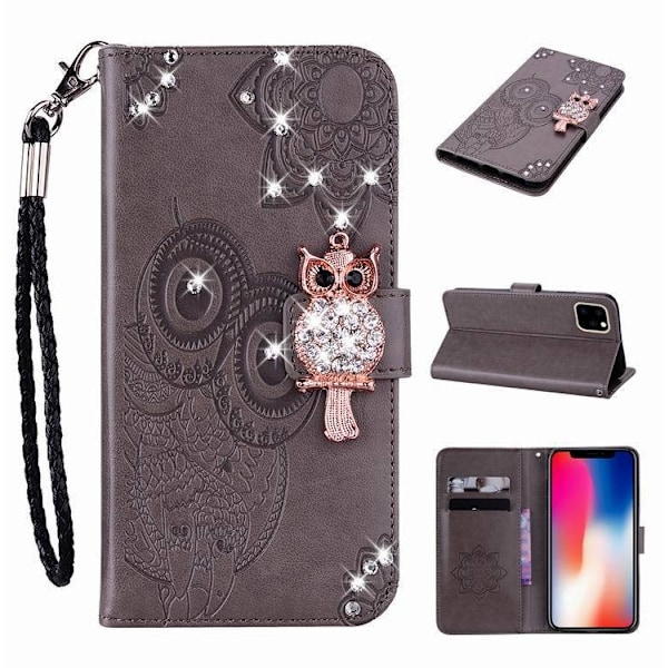 Fodral för iPhone 13 mini grå präglad uggla diamant kortplats plånbok läder