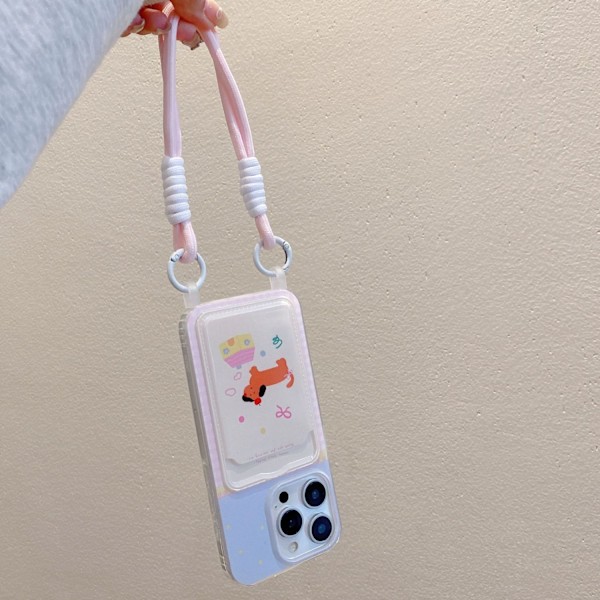 Kotelo iPhone 14PROMAX -puhelimelle, korttipidike, ruudullinen pentu, kaulanauha, vaaleanpunainen, sarjakuva, läpinäkyvä