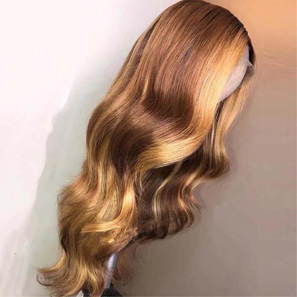 Naisten peruukki Keskipitkät suorat hiukset Ruskea kultainen gradientti synteettiset peruukit W124 Straight golden