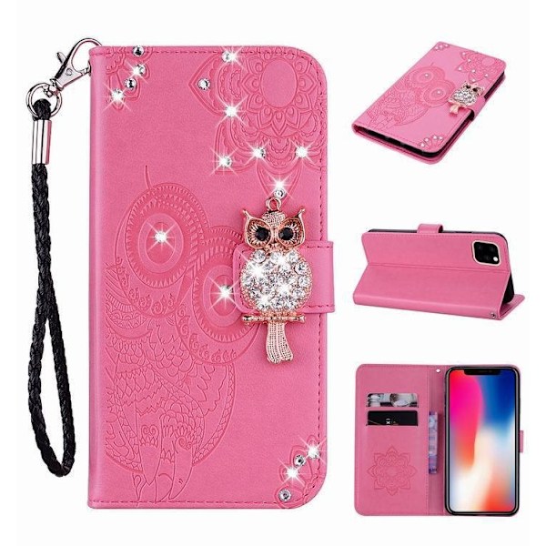 Fodral för iPhone 13 Pro Max rosa präglad uggla diamant kortplats plånbok läder