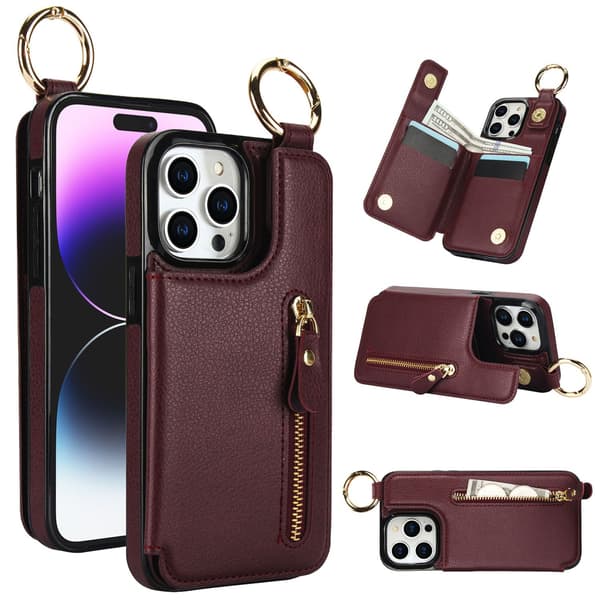 Fodral för iPhone 14plus/15plus rött läder multifunktionell plånbok