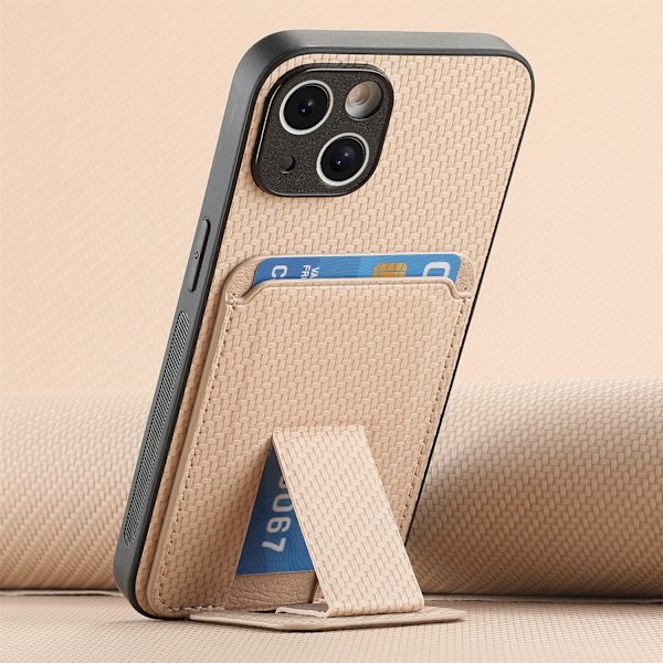 Fodral för iPhone16 khaki aprikos multi-vinkel fäste kolfibertextur kortinsättning hud fin h