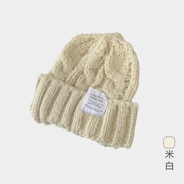 Varm vinterstrik Beanie Hatte Pure Color Japansk Uld Kvinder Koreansk Style Ørebeskyttelse Unisex Coarse knitted woolen cap-beige M（56-58cm）