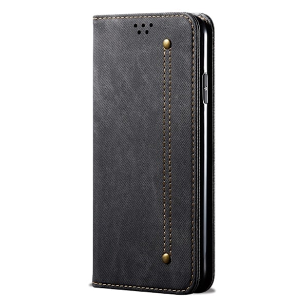 Fodral för iPhone 14 Plus/iPhone 15 Plus svart denimläder kortplats retro