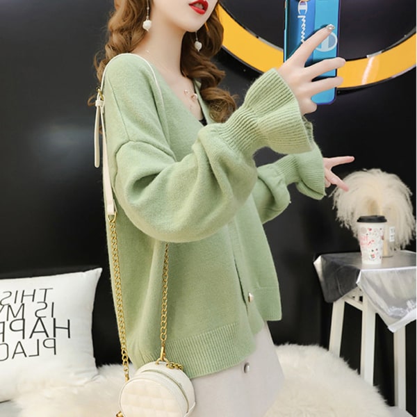 Kvinder Strik Efterår Vinter Sweater V-hals Idle Style Baggy Coat Flared Sleeve Cardigan Bean Green 57*96*48cm