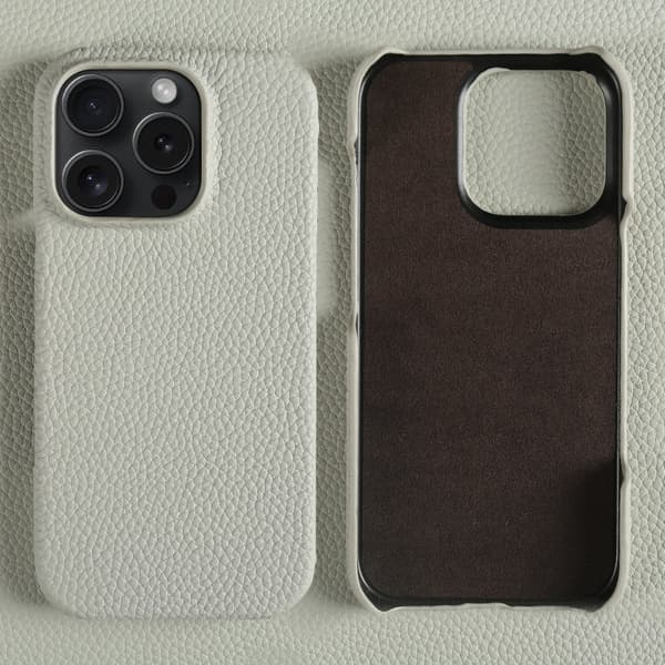 Fodral för iPhone 14 Pro Max, vitgrått läder av högkvalitativt kohud