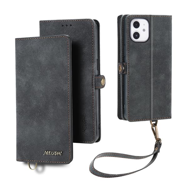Etui til iPhone 15 Plus sort læder lanyard magnetisk sugekop