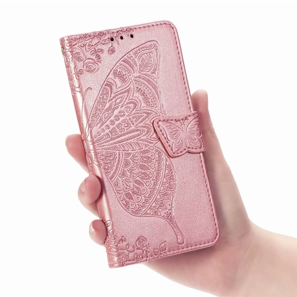 Etui til iPhone 13 Pro Rosaguld 3D Blomst Sommerfugl Læder Etui Præget