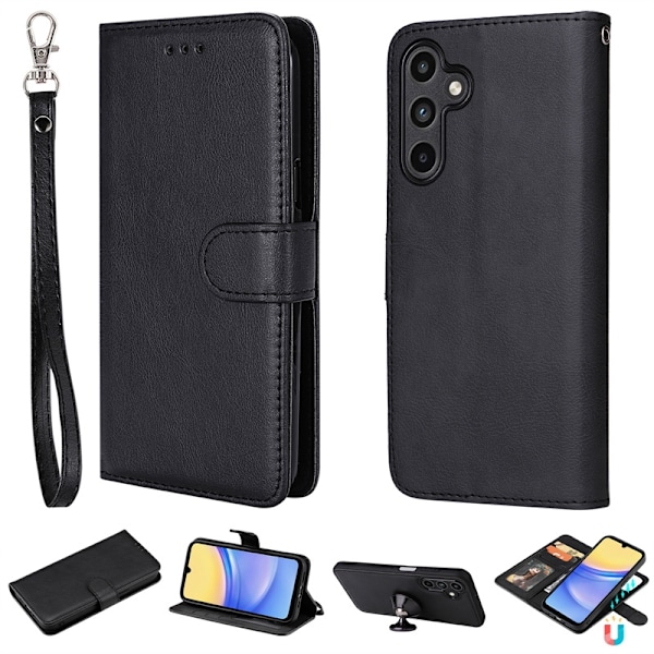 Kotelo iPhone 15 Pro Max -puhelimelle, musta, magneettinen autoteline, 2-in-1 nahkainen autoteline, kiinteä 2-in-1 korttipidike