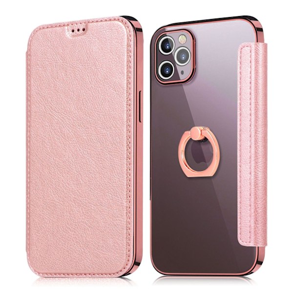 Kotelo iPhone 13 Pro Max -puhelimelle, ruusukultainen sormus, galvanointi, läpinäkyvä PU-korttipaikka, nahka