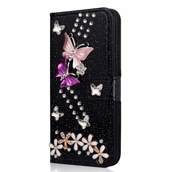 Fodral för iPhone 13 Pro svart glitter fjäril strass kortplats plånbok läder diamanter