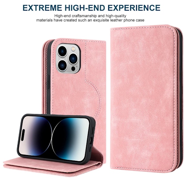 Fodral för iPhone15 stöder trådlös laddning rosa läder multi kort magnetisk sug multi