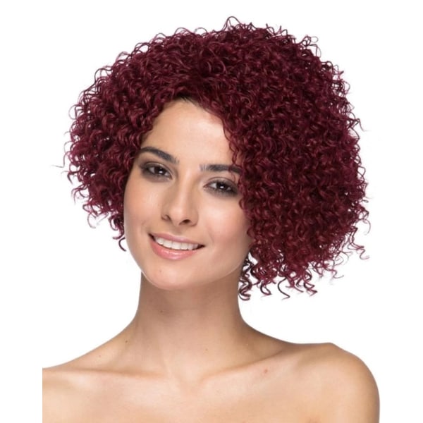 Kvinner parykk Vin rød Liten krøllete kort krøllete hår Afro W77