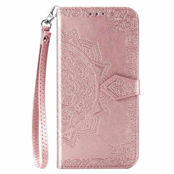 Etui til iPhone 14Pro rosegull mandala lær samme stil kort håndstropp preget
