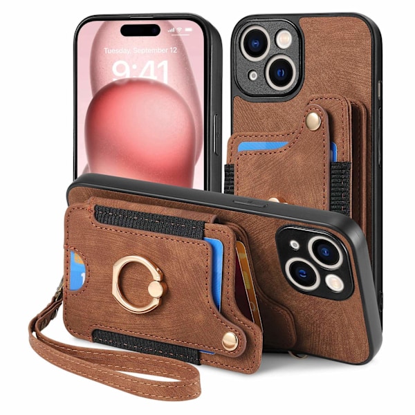 iPhone 16 Pro -kotelo ruskea [nahkaisella kaulanauhalla] Yksinkertainen korttipidike lompakko