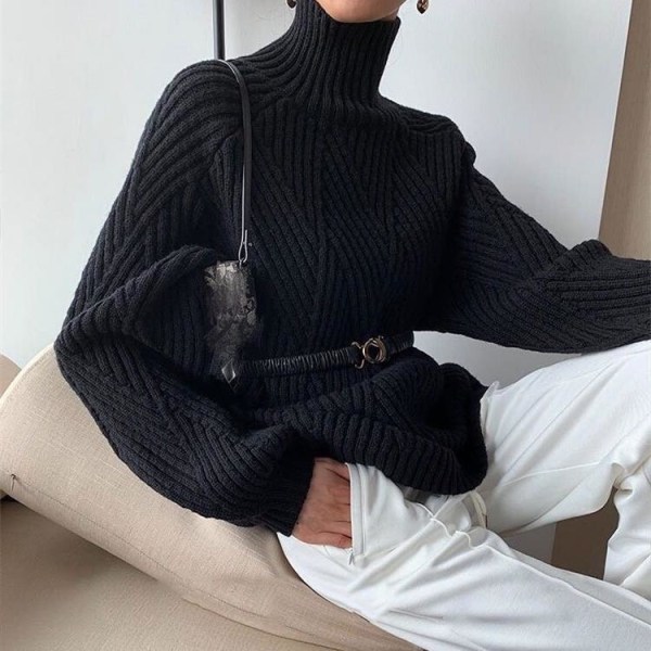 Kvinder Strik Efterår Vinter Sweater Idle Style Turtleneck Pullover Indvendigt slid Tykt Løs ydre Beige S