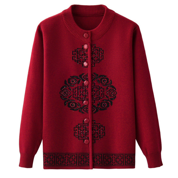 Damestrik efterår vintertrøje rød frakke til ældre Fortykningscardigan Rose Red XXL